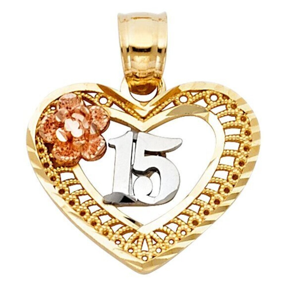 Solid 14K tri Color Sweet 15 Years Heart Pendant